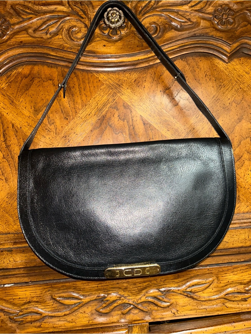 Vintage Dior Black Leather Shoulder Bag with Gold CD Logo Accent